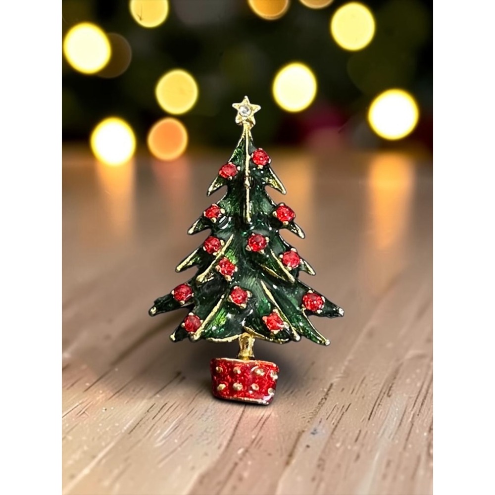 Christmas Tree Brooch Gold Tone Green Enamel Red Rhinestone